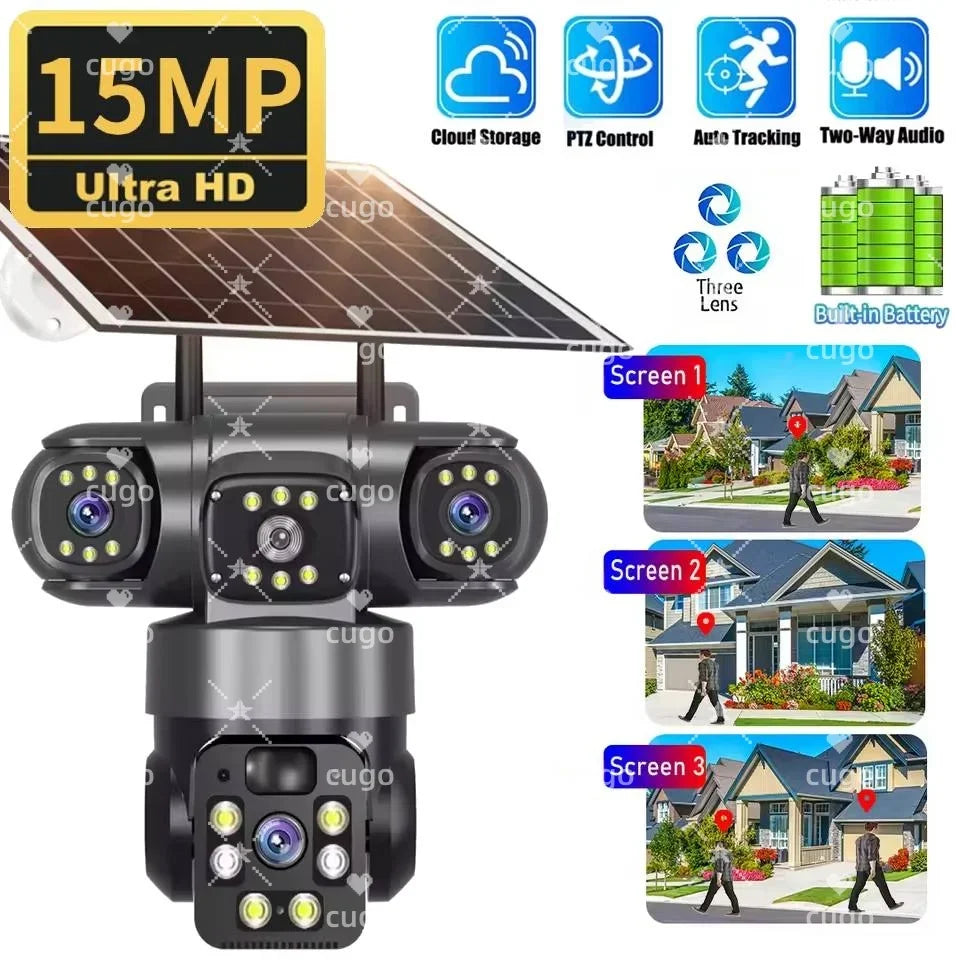 📹 Câmera de Segurança Solar 15MP 8K WiFi com 3 Lentes – Visão Noturna, Sensor PIR e Bateria de Longa Duração